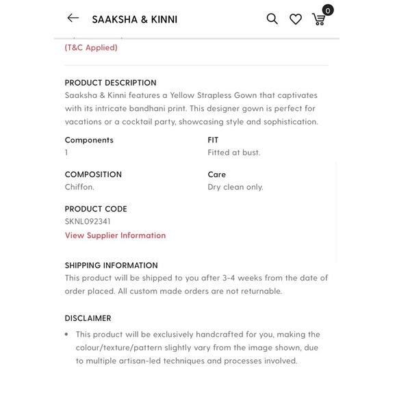 Saaksha & Kinni Bandhani Strapless Yellow Gown NWT Formal Maxi Dress XS - Picture 12 of 12